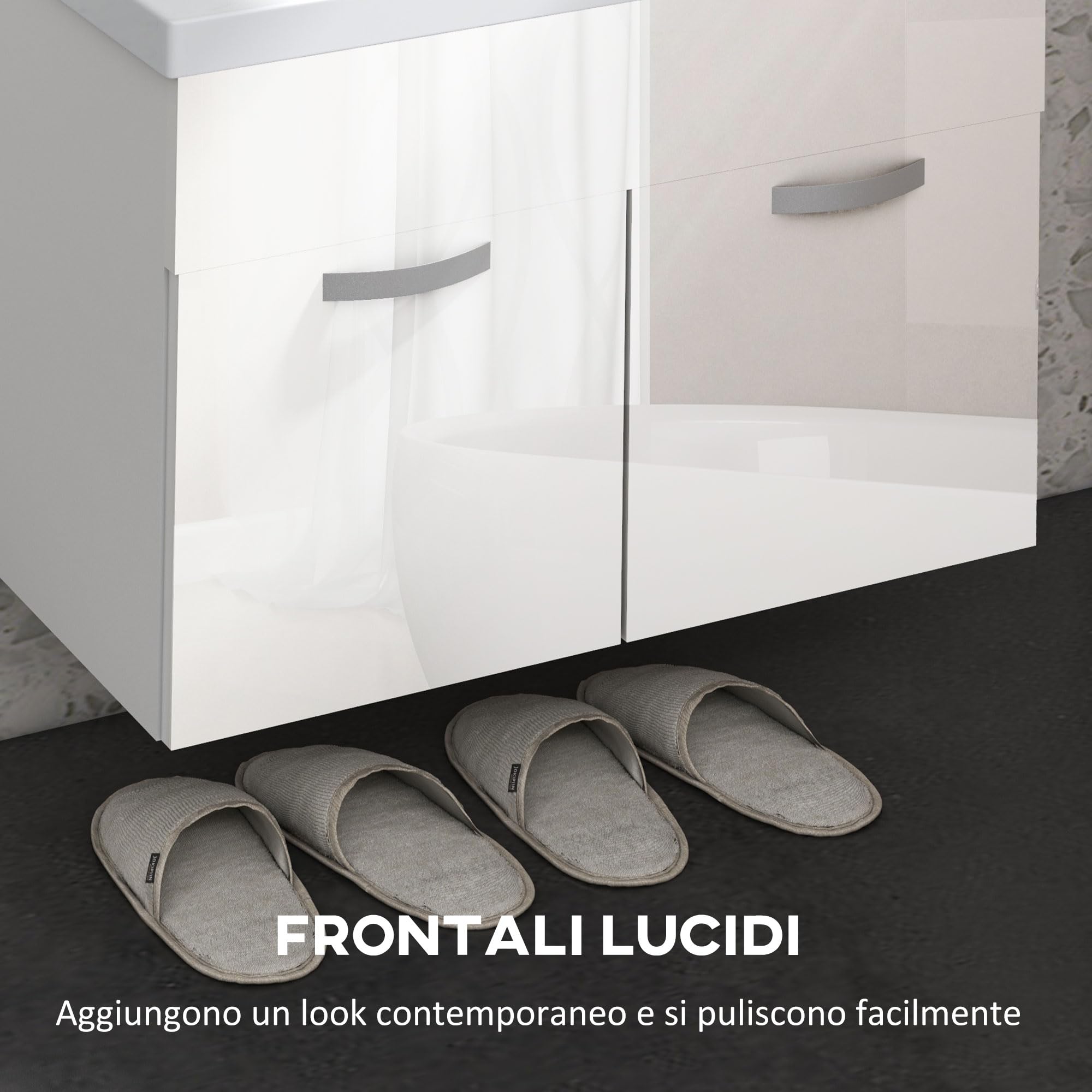 kleankin Mobile Bagno Sospeso con Lavabo, Mobile a 2 Ante con Lavandino e Cerniere Ammortizzate, 61x40x50cm, Bianco Lucido