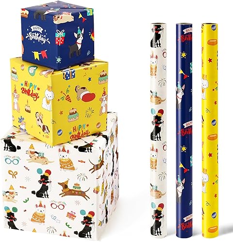 WERNNSAI Rollos de papel de regalo para perros, 3 rollos de 17 x 120 pulgadas, rollos de papel de regalo de cumpleaños para niños, rollos de papel