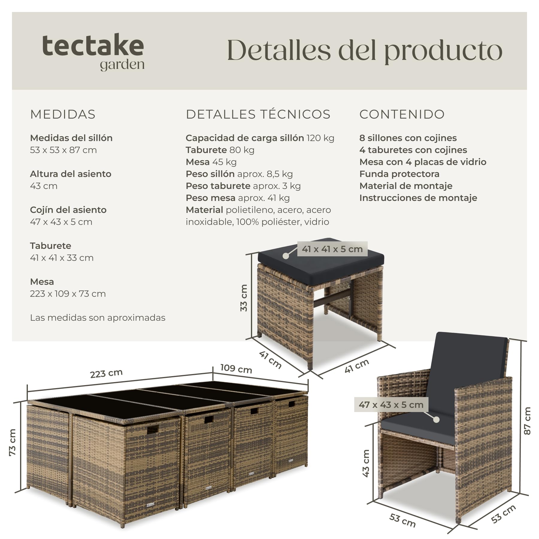 tectake® Juego de Muebles de Jardín en Ratán, Conjunto Comedor para Jardín Exterior, 8 Sillas, 4 Taburetes, 1 Mesa, Set de Muebles de Mimbre para Terraza o Patio, con Cojines y Fundas- Natural