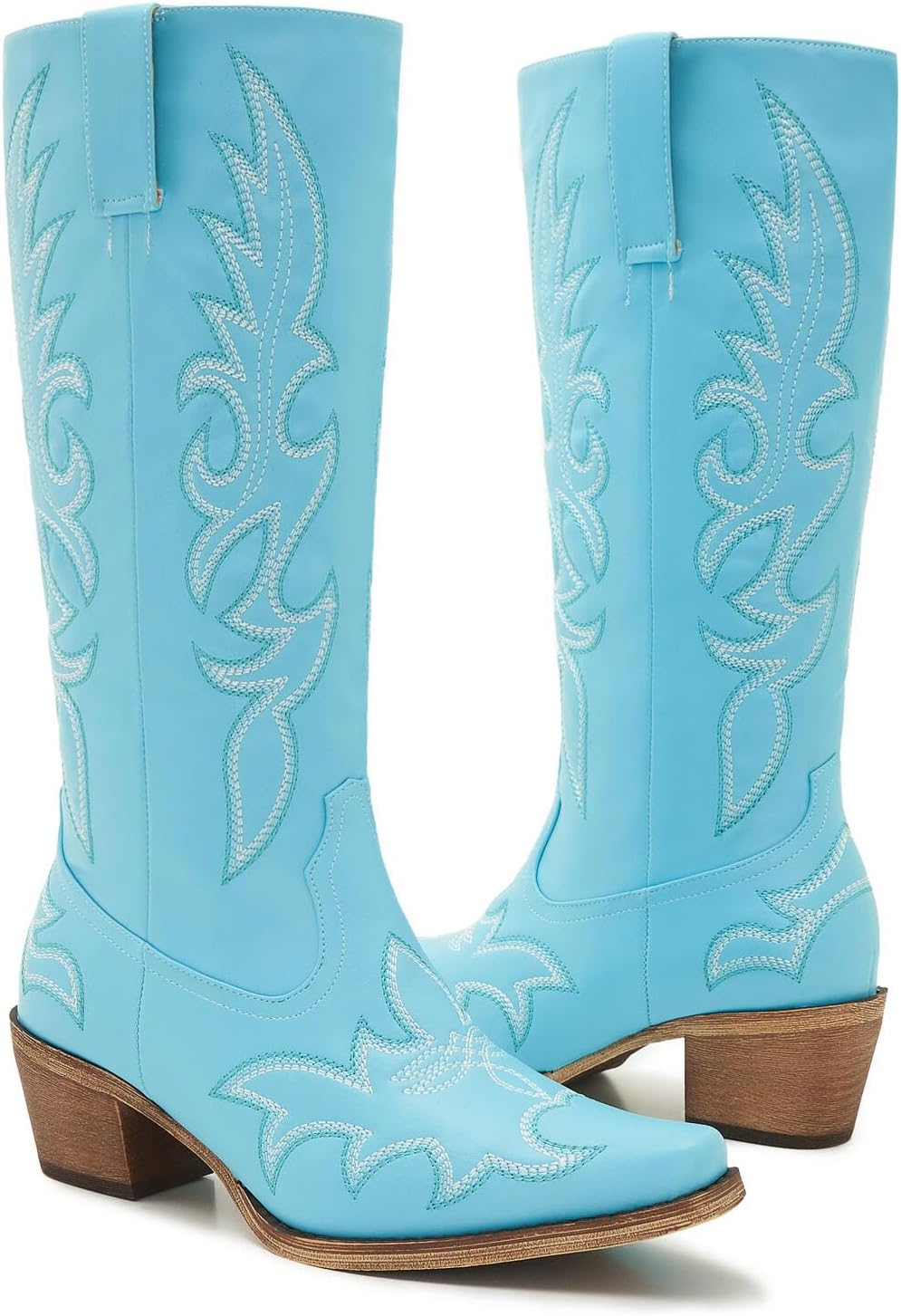 Uillnoodu Women's Turquoise Cowgirl Boots – Wide Calf Mid Calf Western Boots Plus Size Embroidered Cowboy Style with Block Heel