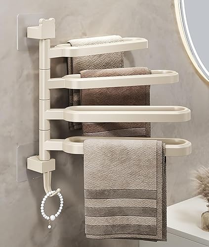 4 Arms Swivel Towel Rack Self-Adhesive Wall Mounted Towel Holder with Hook Doubl