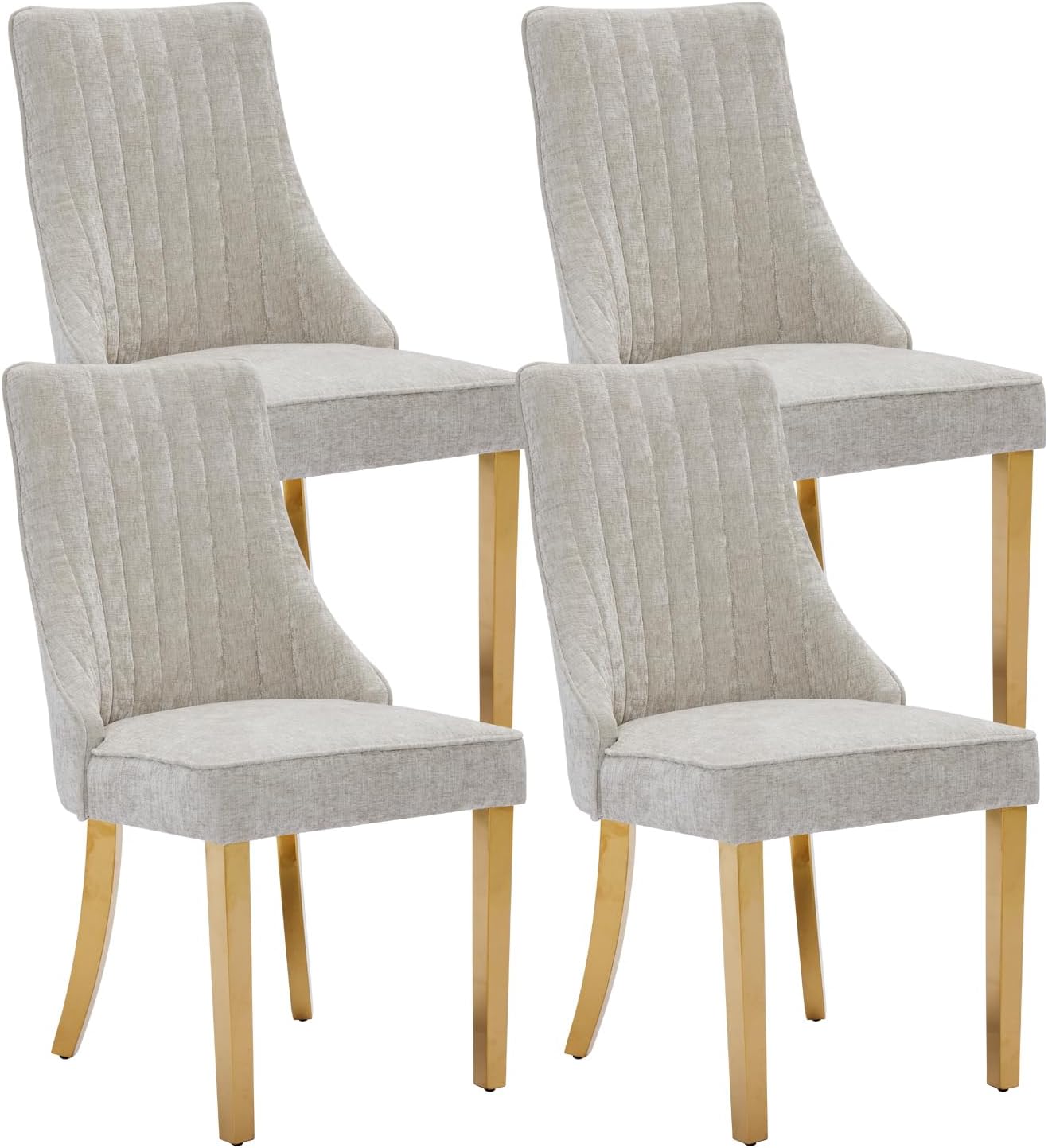 Dining Chairs Set of 4，Linen Channel Tufted Kitchen Dining Room Chair with Curved Solid Wood Legs, Comfortable Fabric Upholstered Dining Chair for Dining Room, (Beige, 4pc)