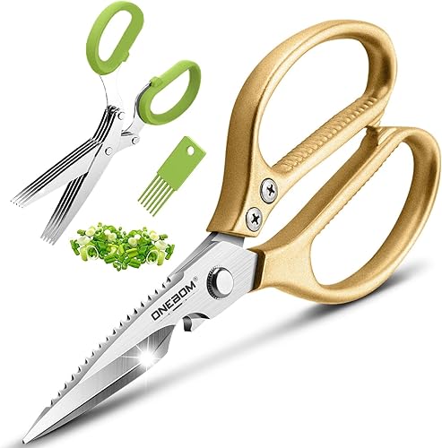 ONEBOM - Tijeras de cocina, tijeras de cocina resistentes con hoja dentada para cortar carne, alimentos, pescado, aves de corral, accesorios de
