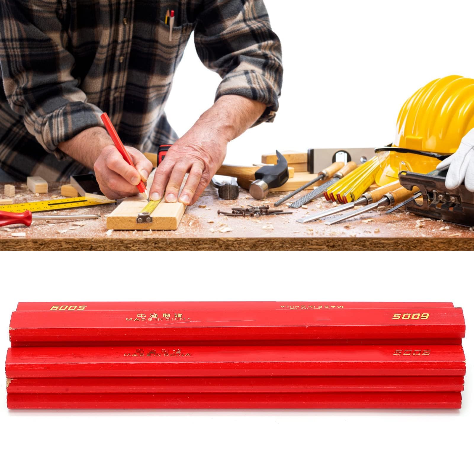 10-Pack Carpenter Pencils – Red Core, Oval Shape 170mm, Double-Headed, Solid Flat Lead, For Wood, Tile, Metal & Concrete Marking