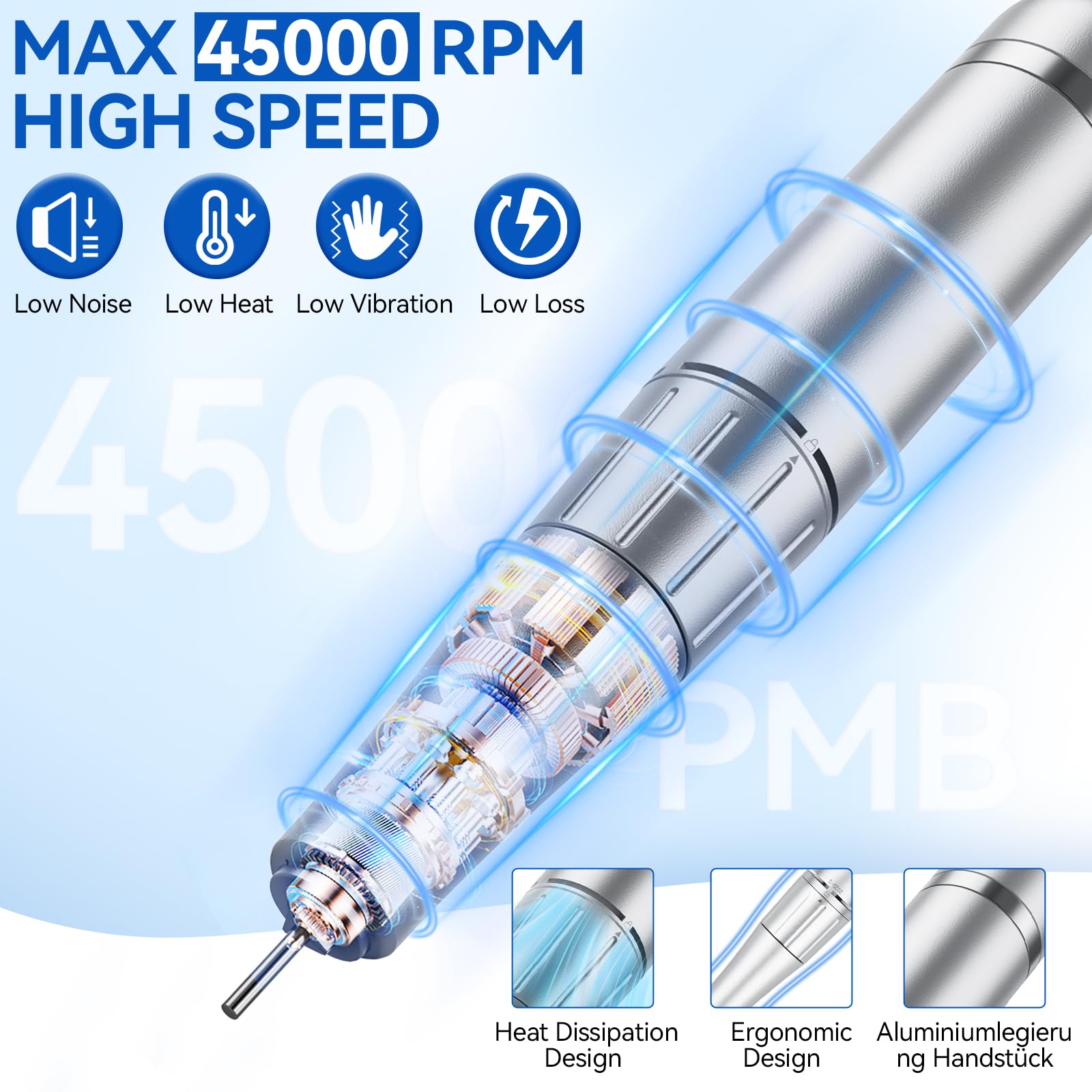 Torno para Uñas,Torno para Uñas Profesional 45000 RPM 12 en 1 Taladro de Manicura Portátil 3000 mAh con Pantalla LCD,Lima Electrica Uñas,para Uñas Acrílicas y de gel (Blanco)