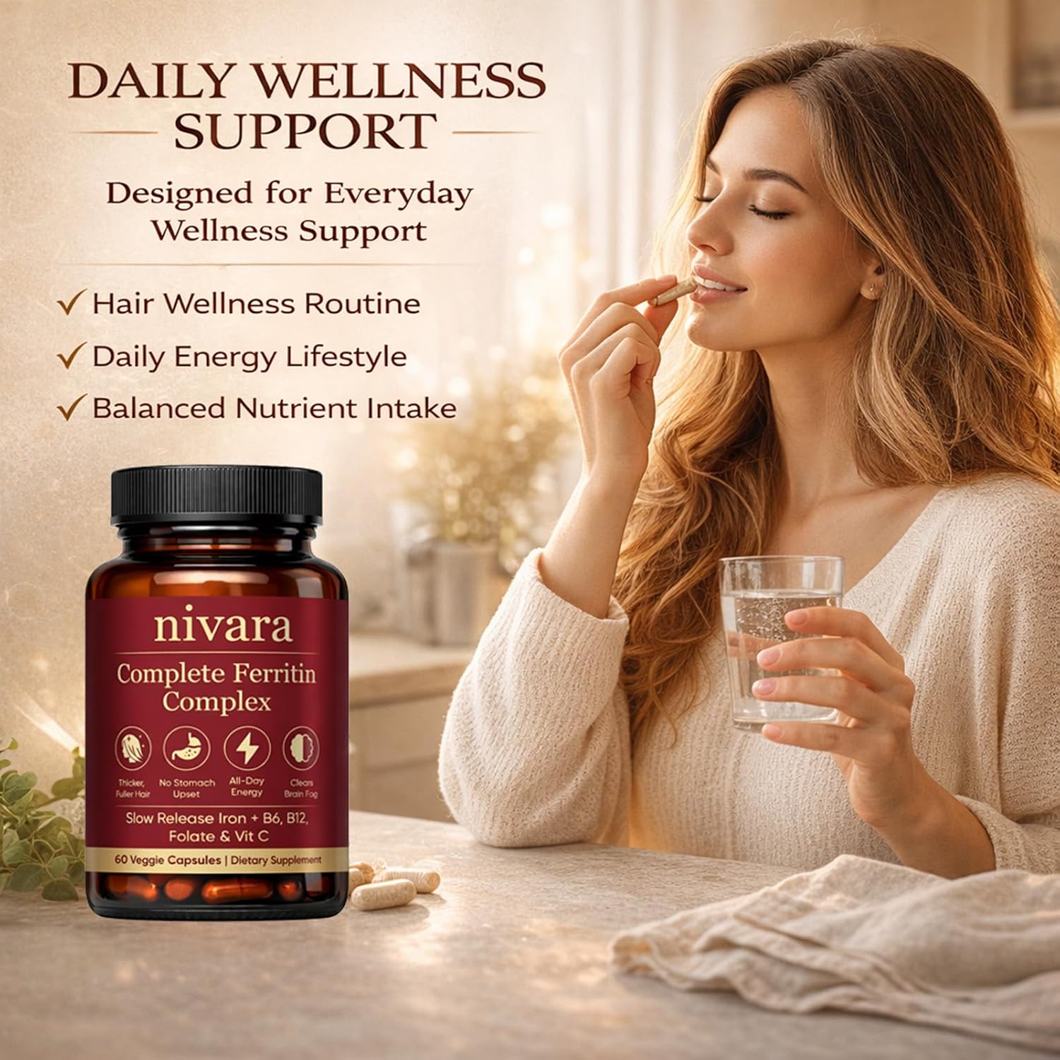 Nivara Ferravital Complete Ferritin Complex, Promotes Healthy Hair Growth, Boosts Energy, and Replenishes Ferritin with Ferrous Glycinate, Vitamin C, B6 & B12, Vegan & All-Natural, 60 Capsules (1)