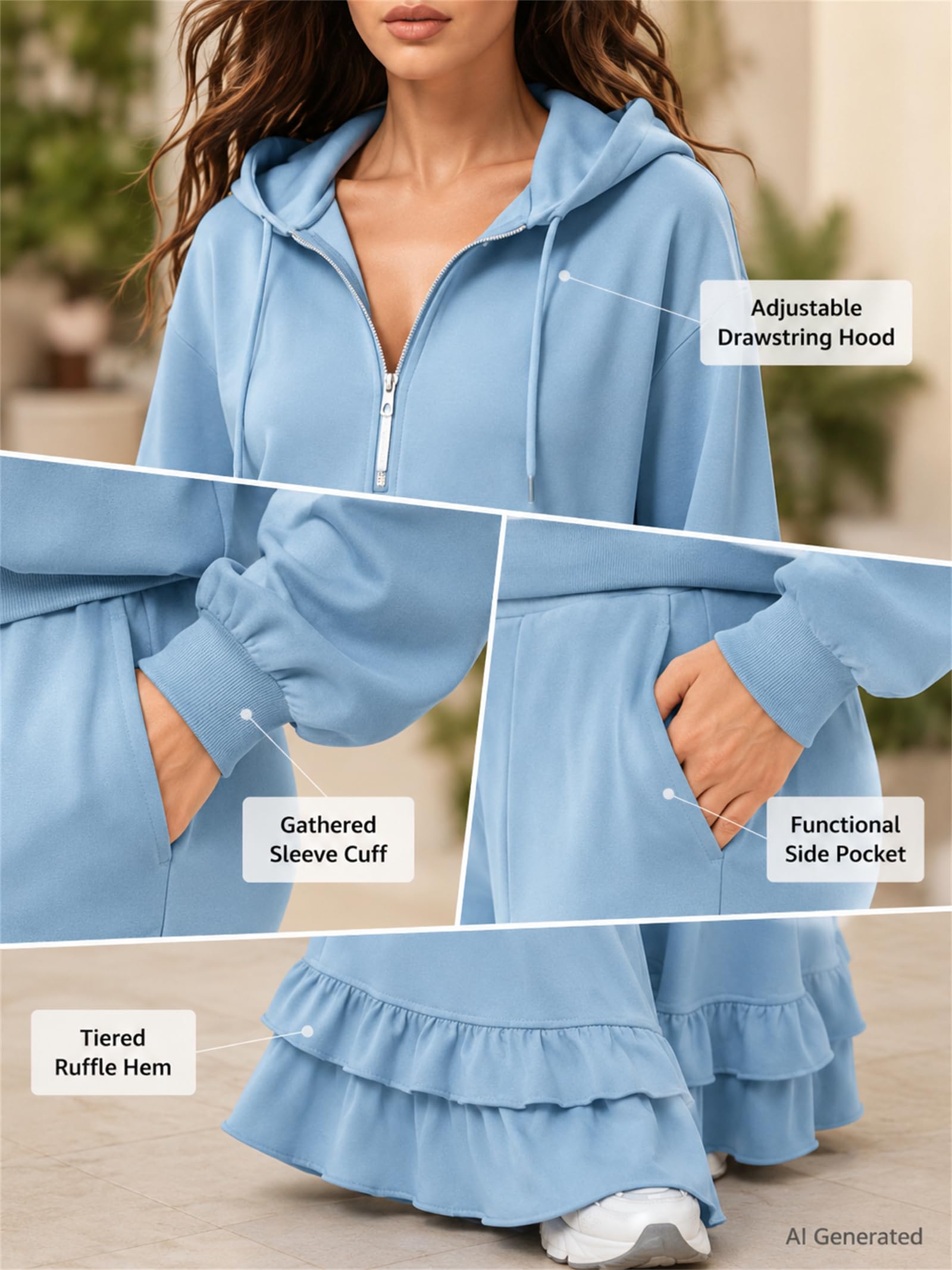 Conjunto deportivo de 2 piezas con capucha y media cremallera para mujer