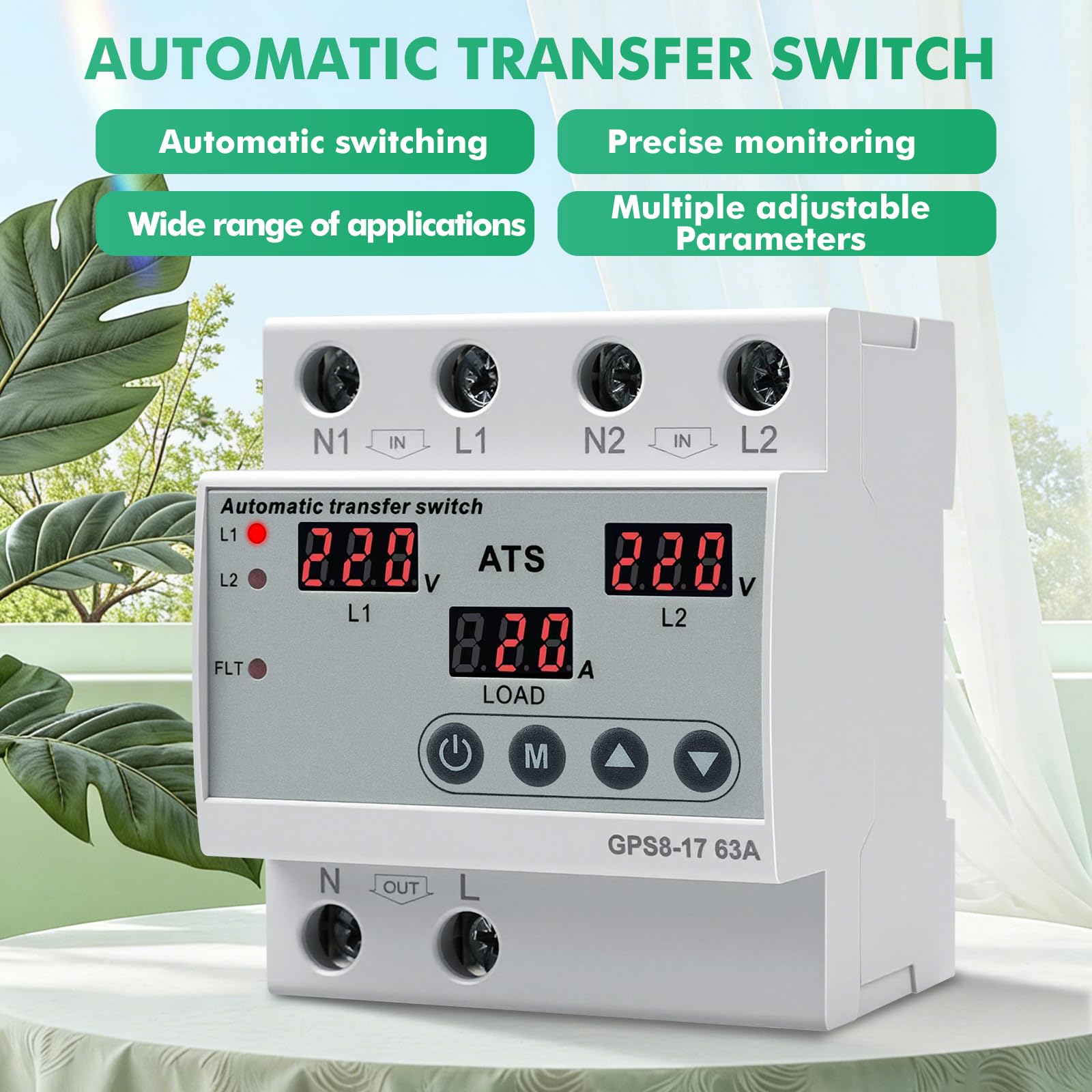 Notstrom Umschalter 63A Einphasig AC220V DIN Rail LED-Display Überspannung Unterspannungsschutz GPS8-17