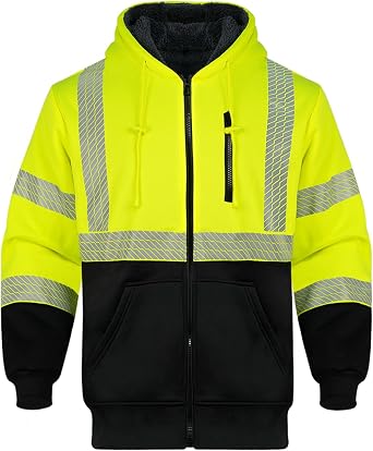 GLIMMMR High Visibility Hoodie for Men,Safety Jacket Class 3 Hi Vis Reflective Zipper Sweatshirt for Work Construction