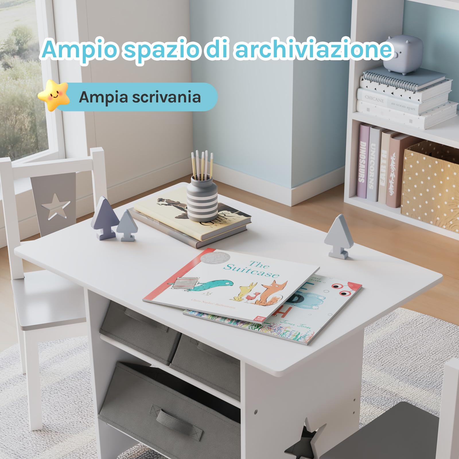 WOLTU Tavolo per Bambini, Scrivania, Tavolino | con Cassetti Tavolino con 2 Sedie in Legno
