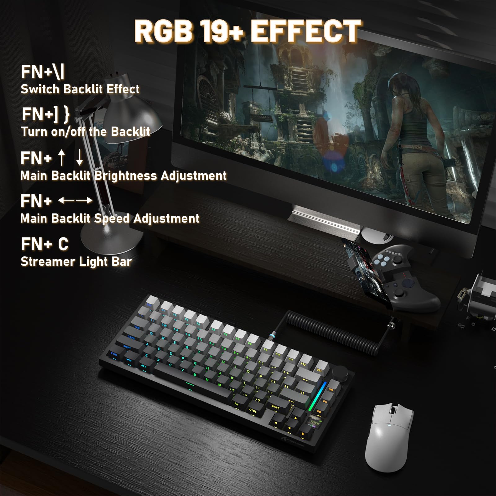 Attack Shark X820Ultra Wireless 75% Mechanical Gaming Keyboard with Screen & Knob Hot Swappable 2.4GHz/BT/Wired RGB Backlit Gasket Mount Side Print PBT Keycap QMK Web Driver Gift Switch-Moonnight