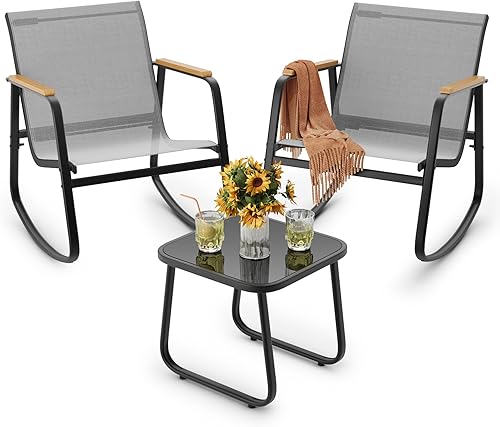 Ahomly - Juego de 3 piezas de muebles de patio, juego de muebles de exterior de Textilene con reposabrazos de madera, mesa de café con superficie de