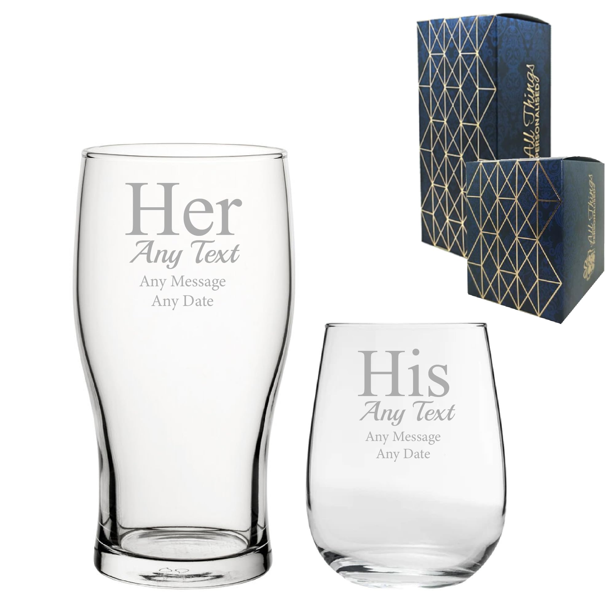 Personalised Engraved His and Hers Any Text Beer and Stemless Wine Glass Set, Wedding or Anniversary, Gift Boxed, Couples Gift, Engraved in The UK