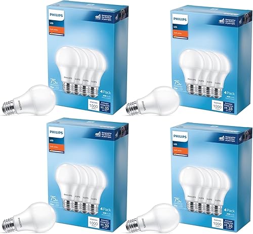 PHILIPS Bombilla LED E26 equivalente a 75 vatios A19, no regulable, color blanco suave, 2700 K, paquete de 16 unidades