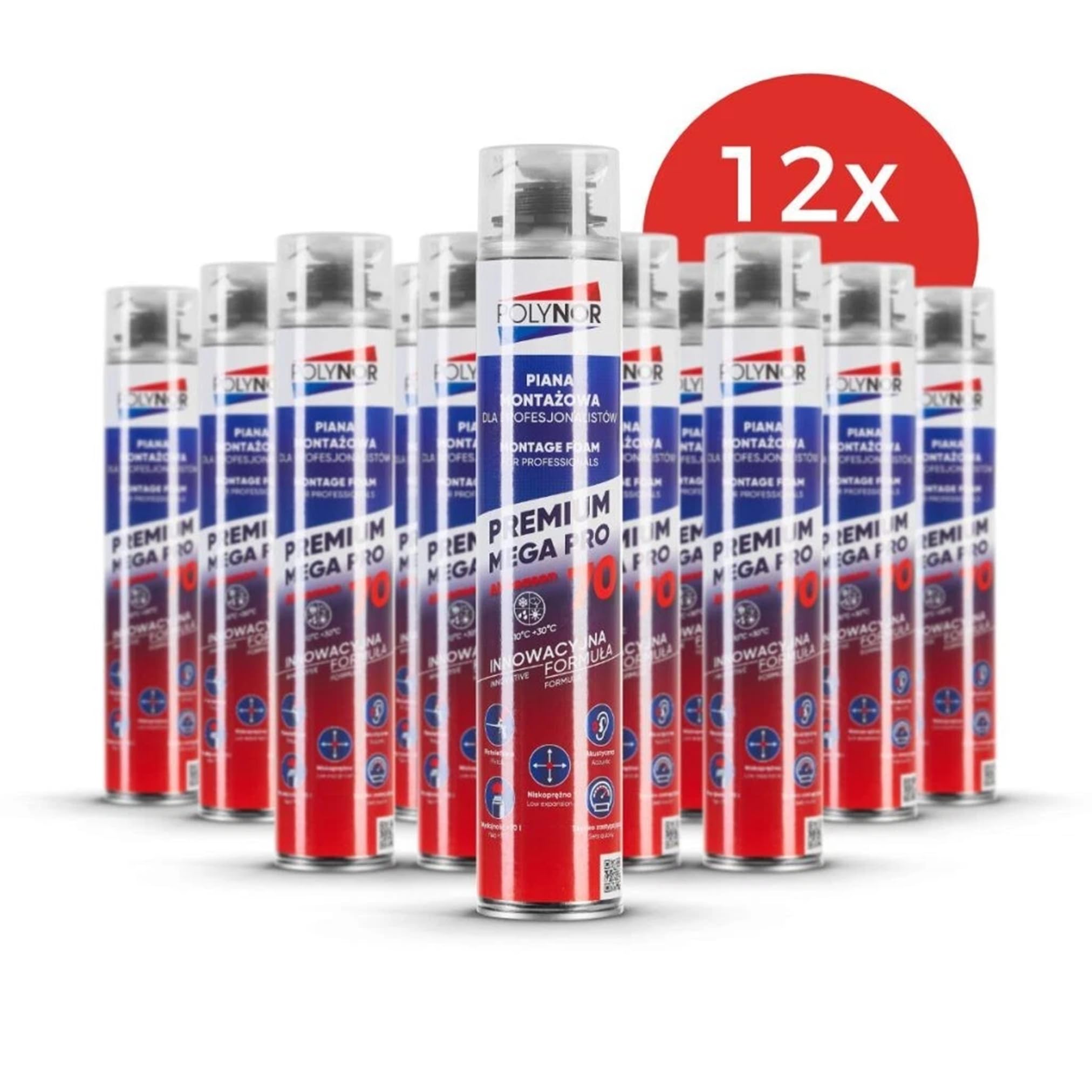 POLYNOR Schiuma di montaggio PREMIUM MEGA PRO 70 - Schiuma di montaggio multistagionale - 12 pezzi - per finestre e porte - Sigillatura di fessure e giunti - PUR 70L - 850 ml