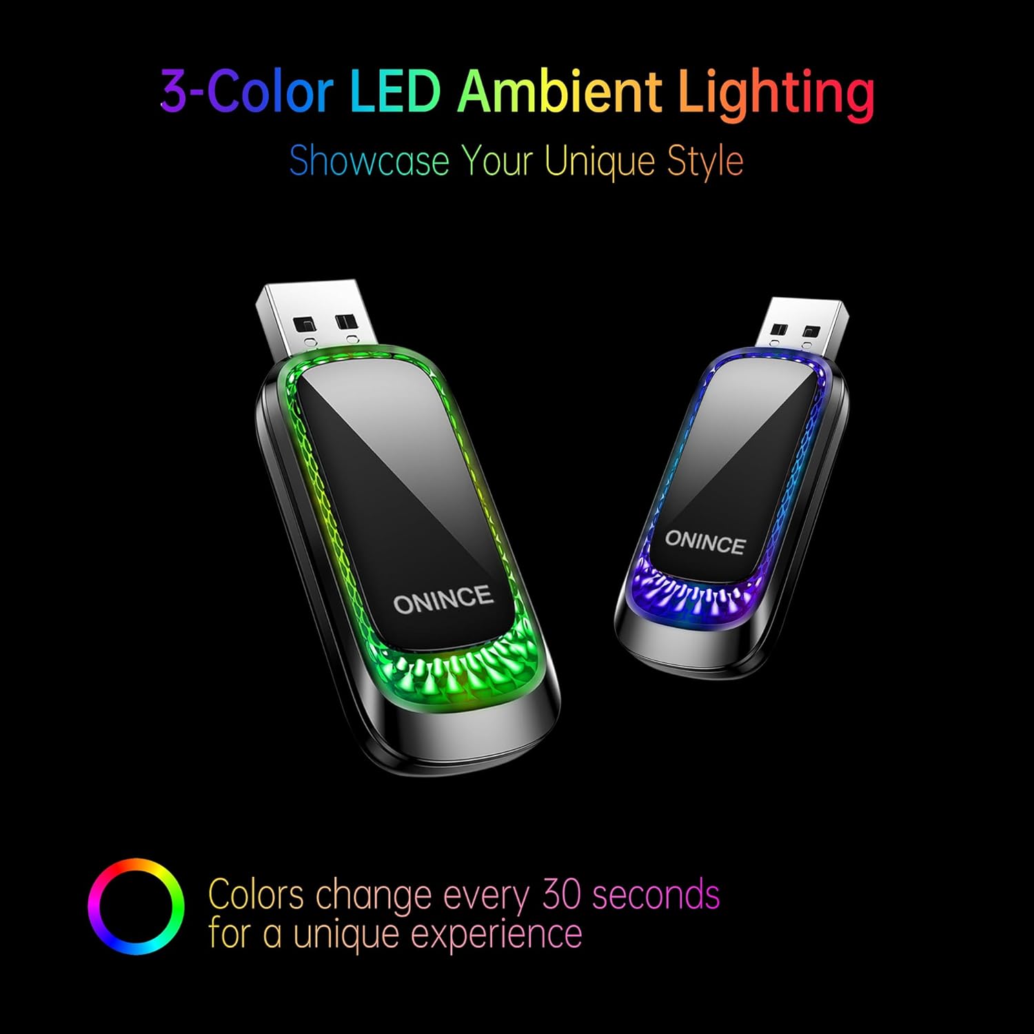 Two ONINCE Wireless CarPlay Adapters displaying dynamic RGB lighting, with a color wheel indicating colors change every 30 seconds.