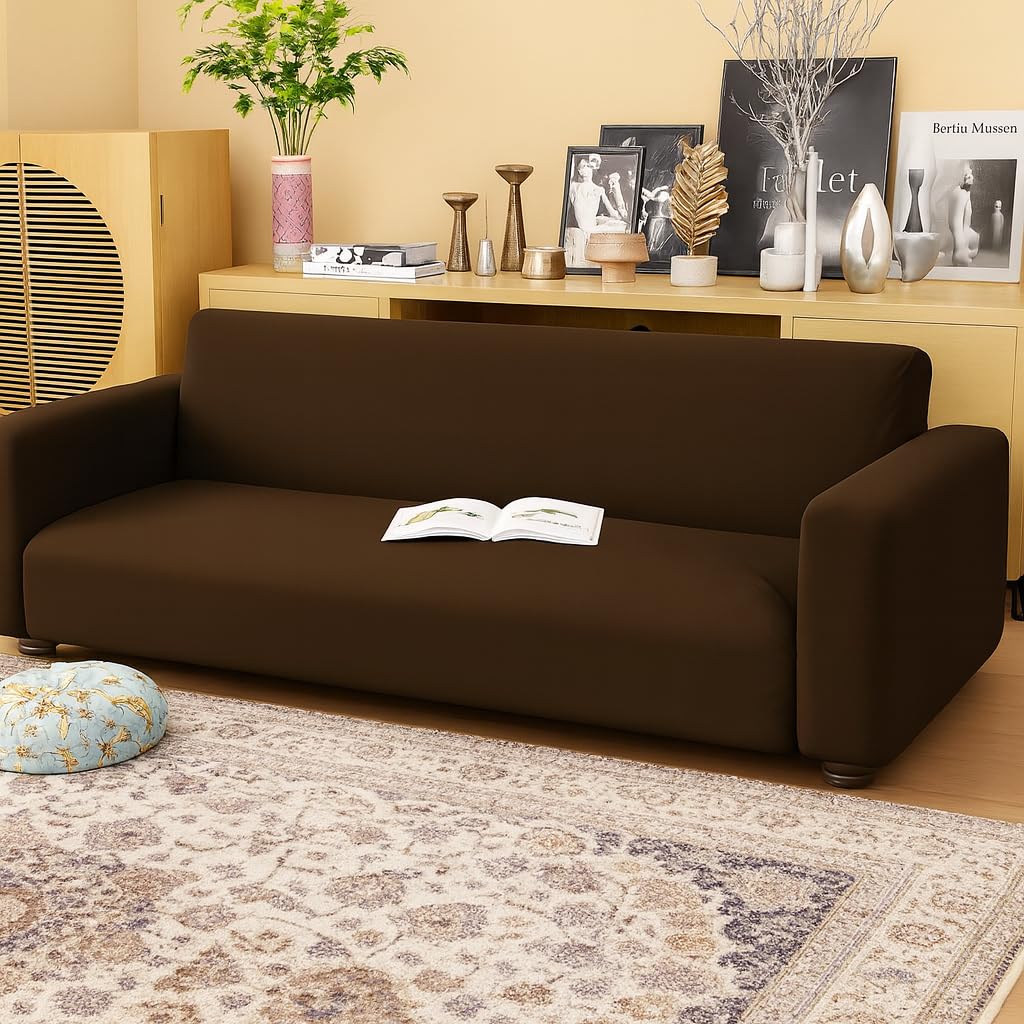 Premium Stretchable Sofa Cover 3 Seater Coffee Plain for Living Room | Soft Elastic Fabric | Universal Fit | Washable & Durable (Coffee, 3 Seater)-picture-30