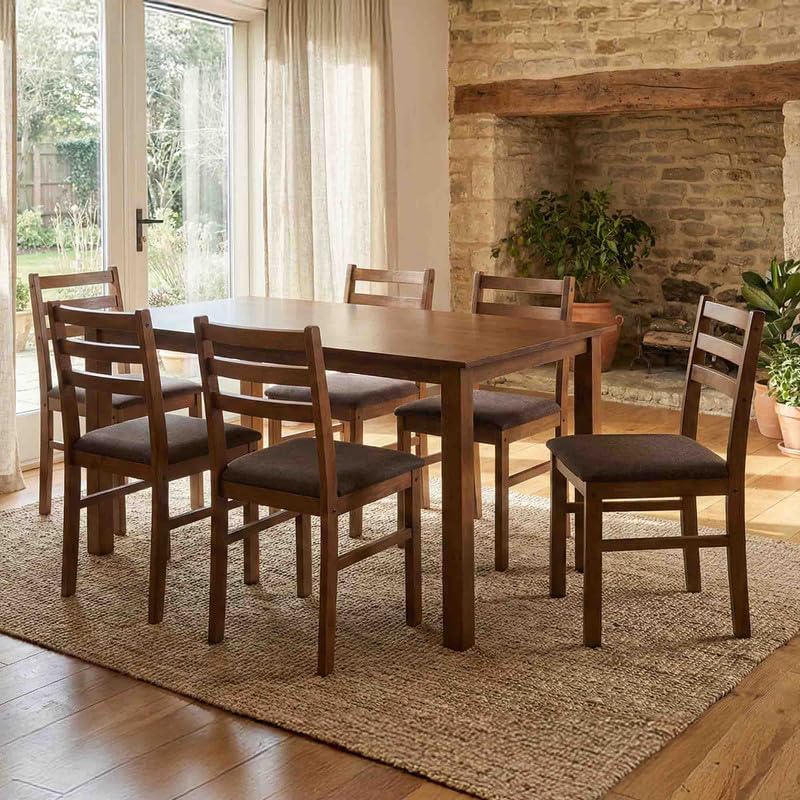 Image of Royaloak Maple Wooden 6 Seater Dining Table Set with Cushioned Chairs, Wooden Veneer Table Top, Solid Wood Thick Legs, 55mm Apron Support, Modern Sturdy Dining Furniture for Home & Dining Room