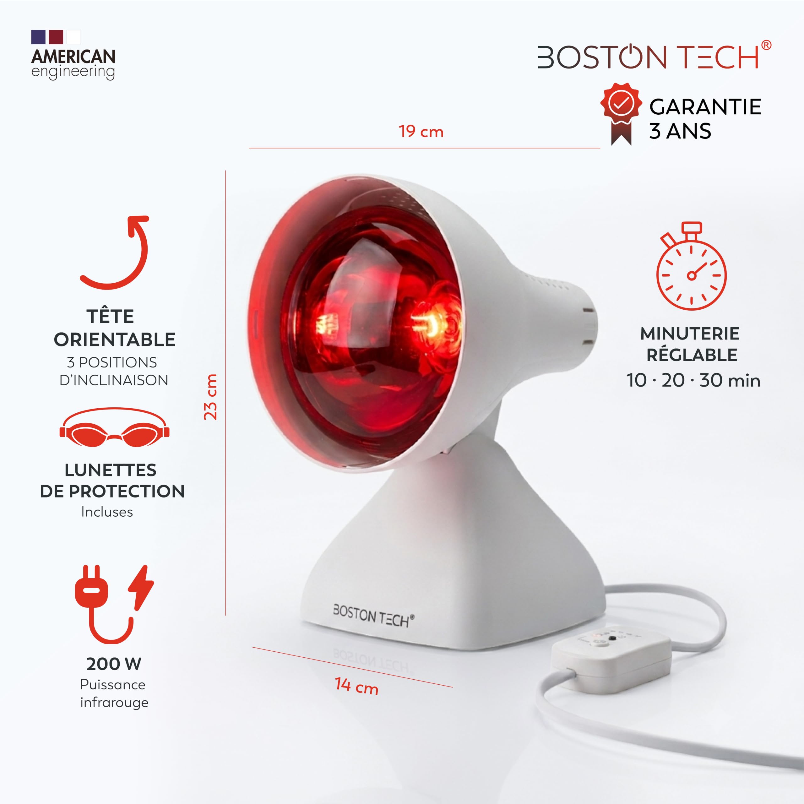 Boston Tech WE122 Lampe de physiothérapie de table infrarouge puissance 200 W soulagement des douleurs et tensions musculaires 3 niveaux d'inclinaison Minuterie et protection des yeux