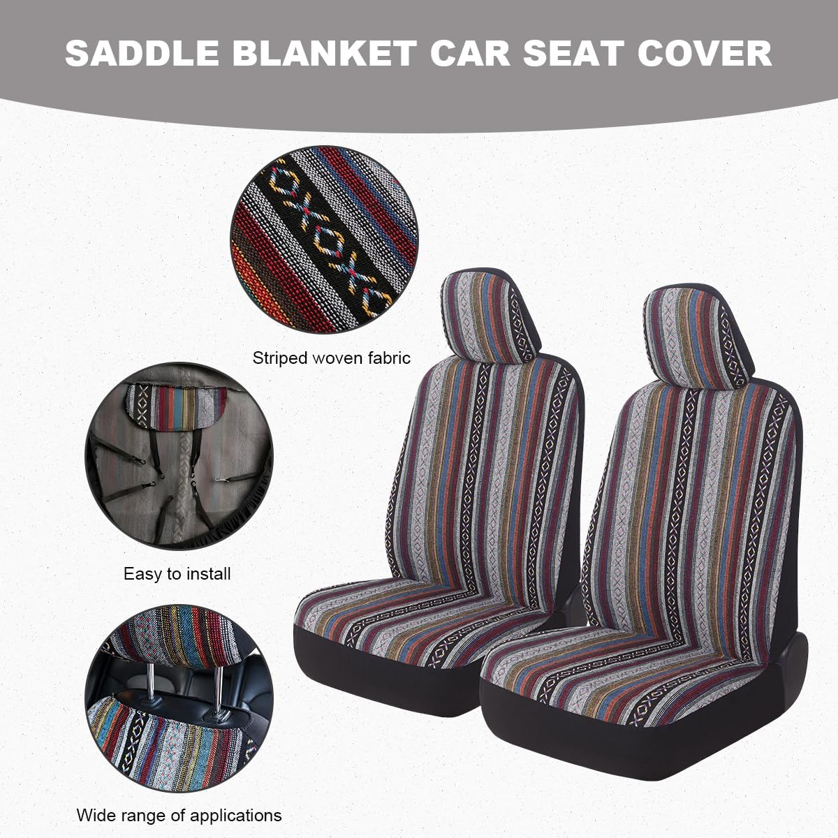 10 PCS Baja Saddle Blanket Car Seat Covers, Full Set Breathable Striped Woven Auto Seat Protector, Hippie Boho Airbag Compatible Seats Covers for Most Cars, SUVs, Trucks
