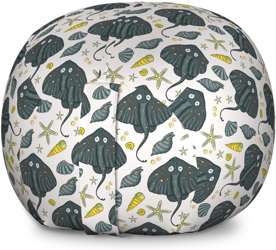 Ambesonne Underwater Storage Toy Bag Chair, Funny Stingray and Starfish Nautilus Sea Shells Ocean Exotic Fish Doodle, Stuffed Animal Organizer Washable Bag, Small Size, Grey Pale Green