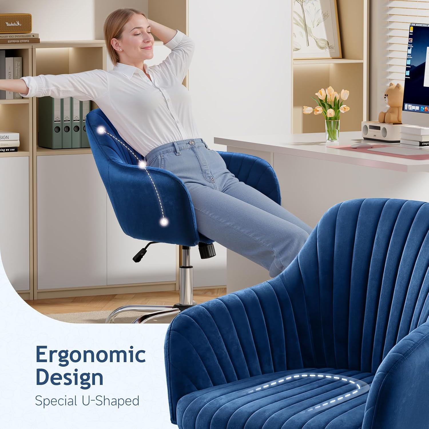 Warmiehomy Office Chair, Velvet Desk Chair for Women, Comfy Vanity Chair with Wheels, Home Computer Chair with Arm Rest for Bedroom, Royal Blue