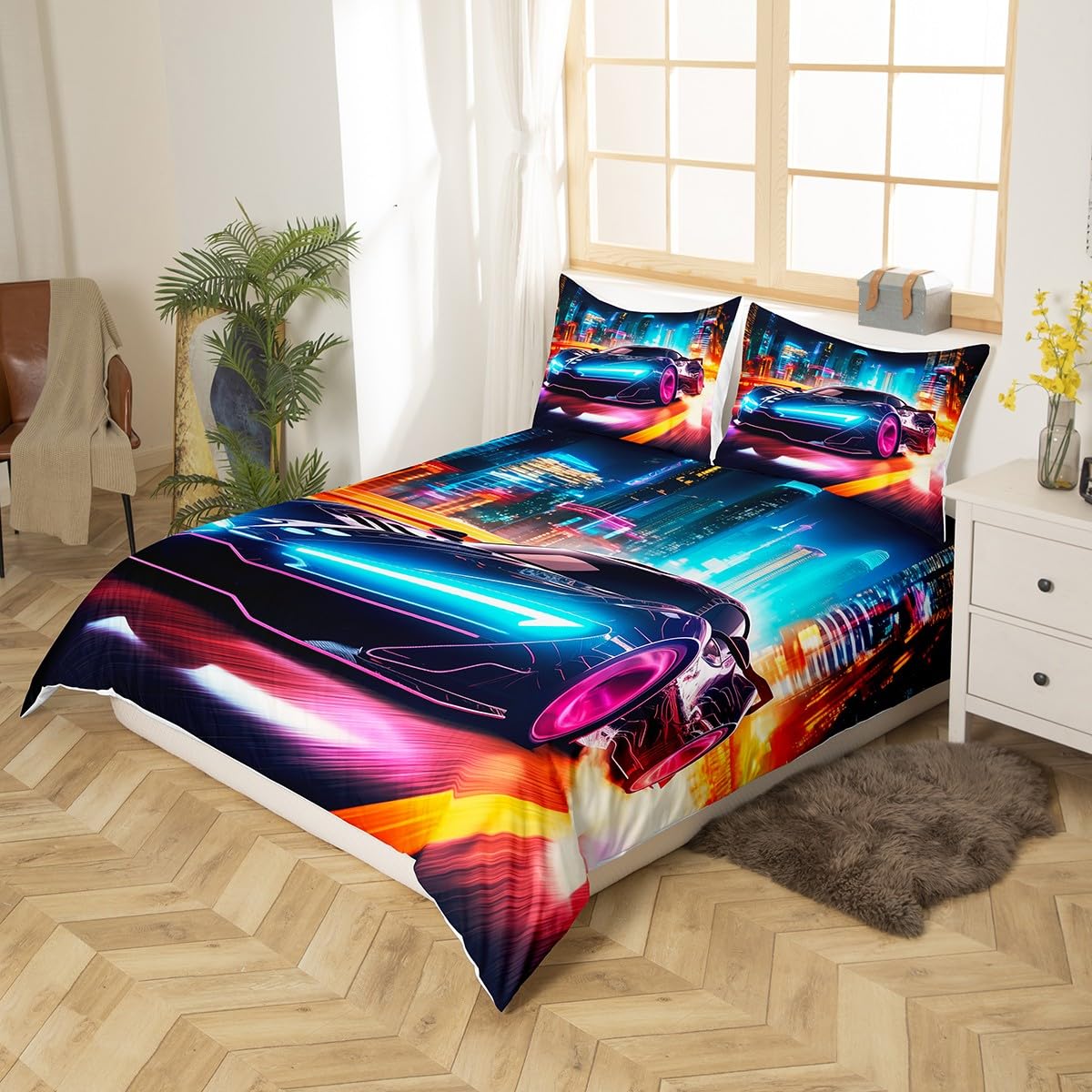 Loussiesd Kids Blue Black Race car Duvet Cover Double Size - Image 3