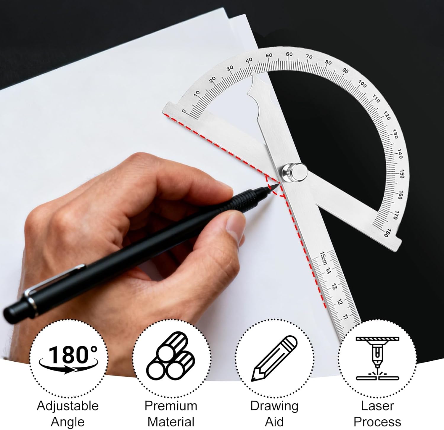 Tyenaza Goniometro in Acciaio Inox, 200 * 300 mm Acciaio Inox Angolo Finder 0-180 Gradi Goniometro Angolo Gage, Goniometro Universale per Pittura Disegno