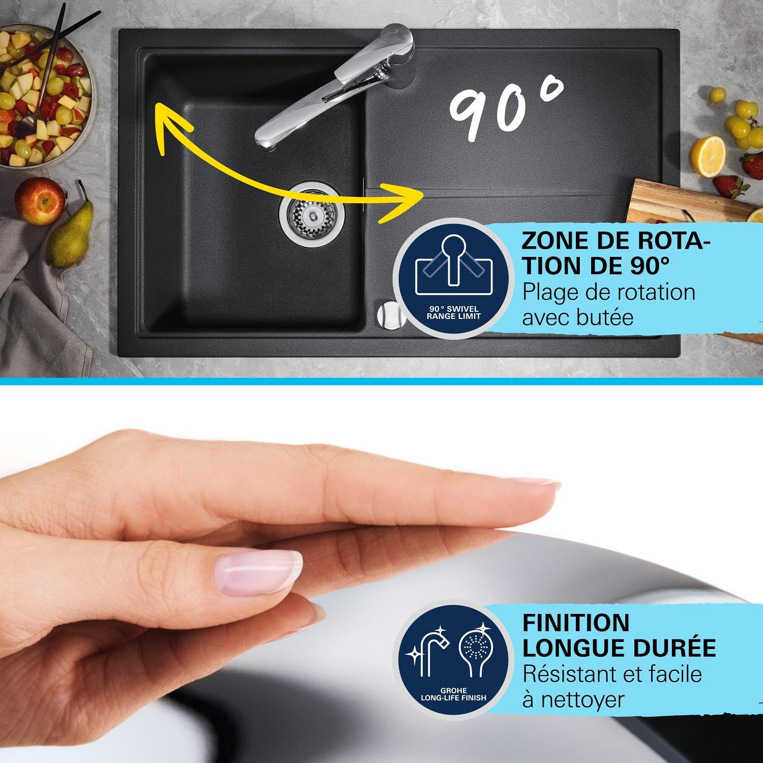 GROHE Start Edge Robinet de Cuisine, Mitigeur Monocommande Evier, Mousseur Extractible, Bec Haut, Zone de Rotation 360°, Chromé, 30550000