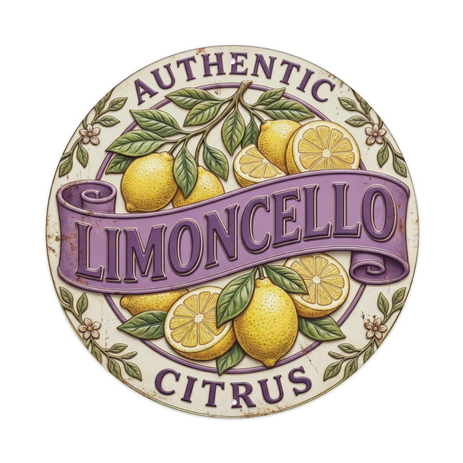 Fqcyn Style Authentic Citrus Limoncello Metal Tin Sign Plaque Wall Decor For Cafe, Club Bar, Office, Home Garden Round Metal Poster 8X8inch