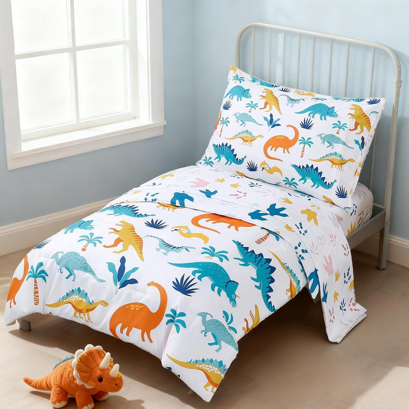 PERFEMET 4 Pieces Toddler Bedding Set Cartoon Dinosaur Print Comforter Sheet Set for Boys Microfiber Soft Toddler Comforter Set Includes Comforter, Flat Sheet, Fitted Sheet and Pillowcase, Colorful