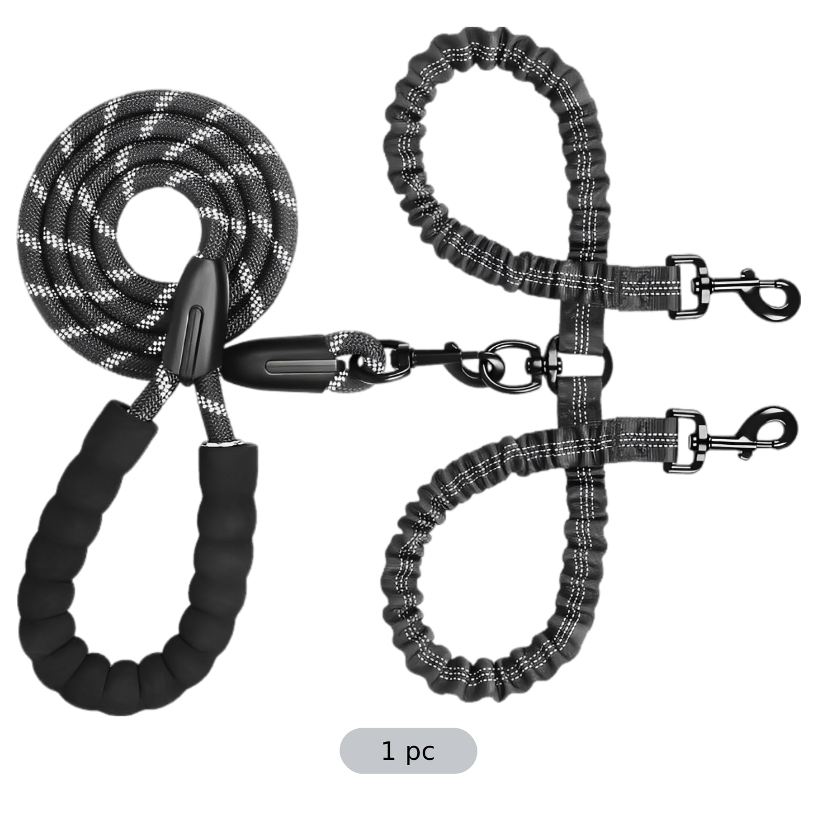 Coupleur de Laisse pour Chien, Laisse Double sans nœud pour l'entraînement, Corde réfléchissante avec poignée rembourrée, Laisse Principale 59 in et Laisse Courte 18,1 à 31,5 in, Noir