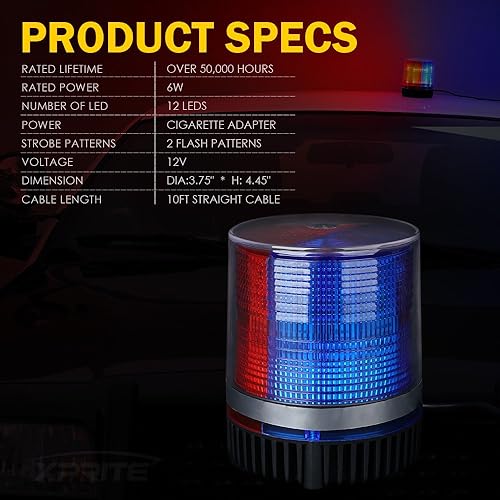 Miniatura 6 de Xprite - Luz de baliza LED roja y azul con base magnética, luces intermitentes de seguridad y advertencia para vehículos de la ley, montacargas,