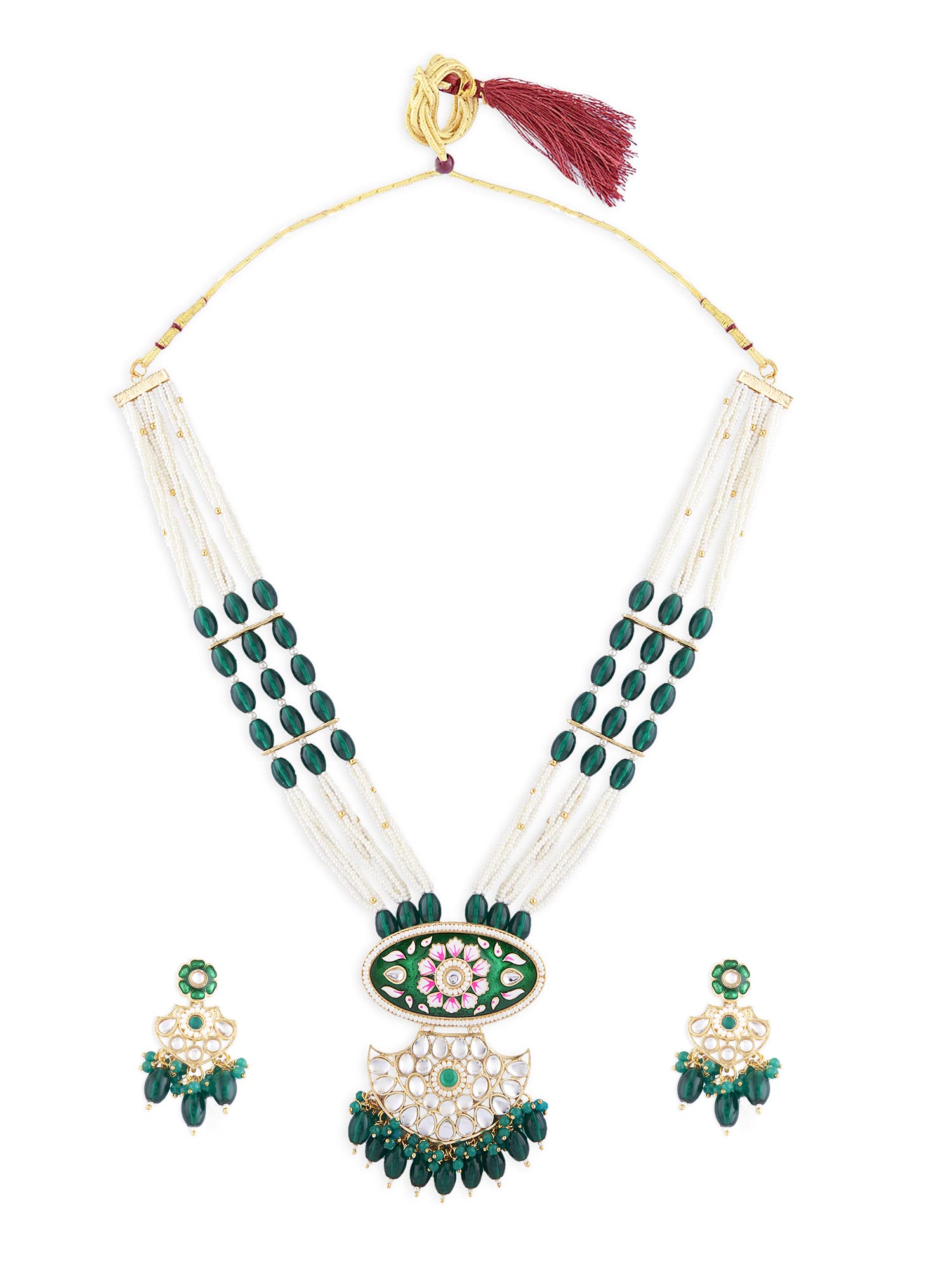 ZAVERI PEARLS Green Pink Meenakari Multistrand Beaded Long Kundan Necklace & Earring Set For Women-ZPFK15649 (B0BTVSH3RF) Amazon Price History, Amazon Price Tracker