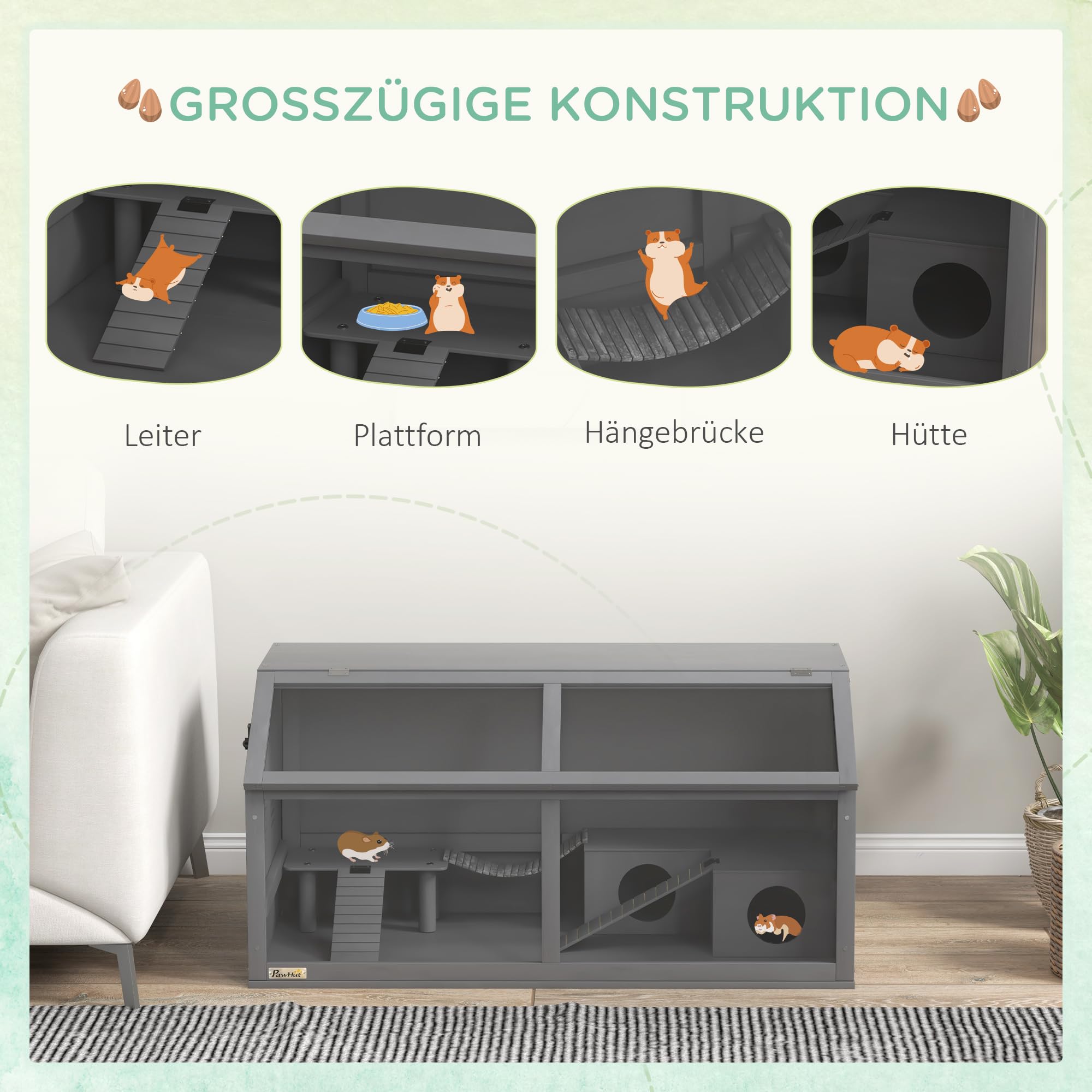 PawHut Hamsterkäfig aus Holz 100x80x60cm Nagerkäfig Kleintierkäfig mit klappbarem Deckel Hängebrücke Leitern, Käfig Holzkäfig für Hamster Zwerghamster Dunkelgrau