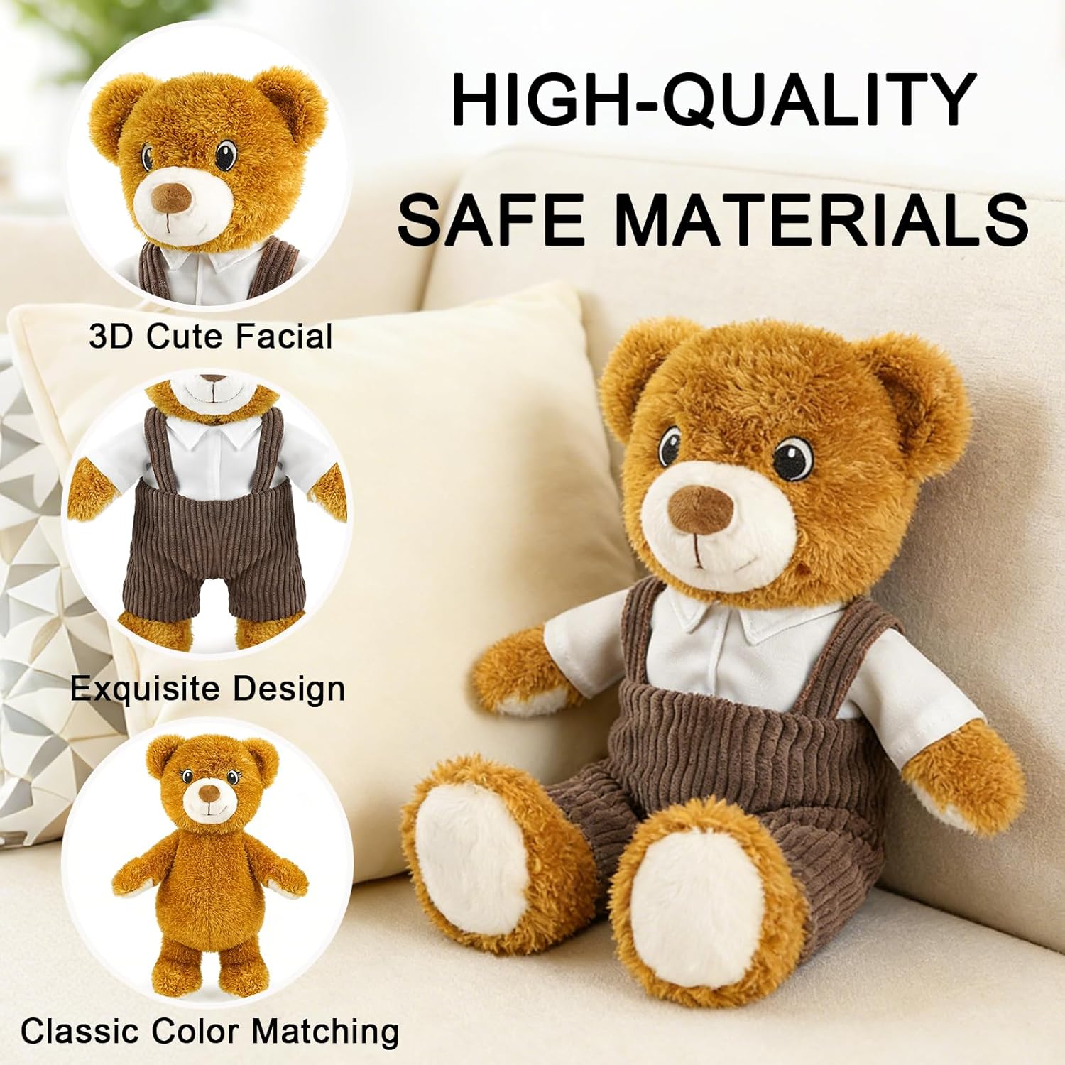 14.5 Inch Cute Boy Teddy Bear Plush Toy - Soft Easter Teddy Stuffed Animal Bear with Shirt & Brown Overalls, Bear Plush Animal Doll for Kids, Family, Babiesm, Boys & Girls Birthday Easter Gift(Dad)