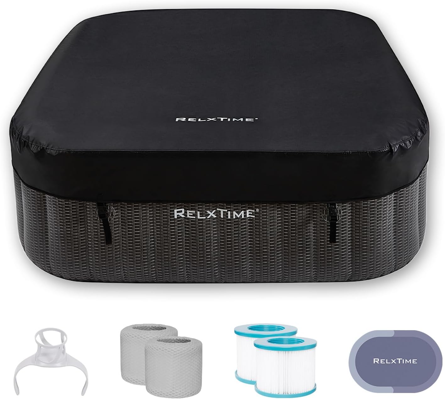 Inflatable Hot Tub Square, 4-6 Person Portable Hottub, Outdoor Spa with 130 Air Jets, Built in Heater Pump, Blow Up Tub for Relaxation, 2 Filters, Black