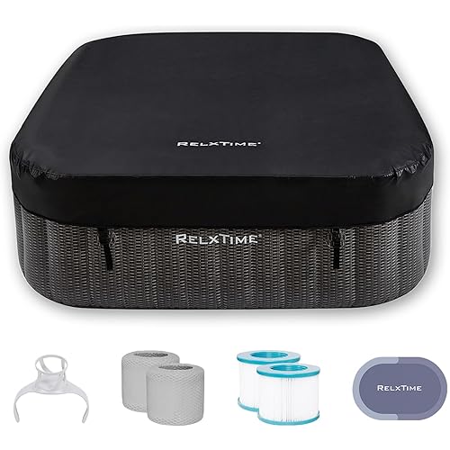 Inflatable Hot Tub Square, 4-6 Person Portable Hottub, Outdoor Spa with 130 Air Jets, Built in Heater Pump, Blow Up Tub for Relaxation, 2 Filters, Black