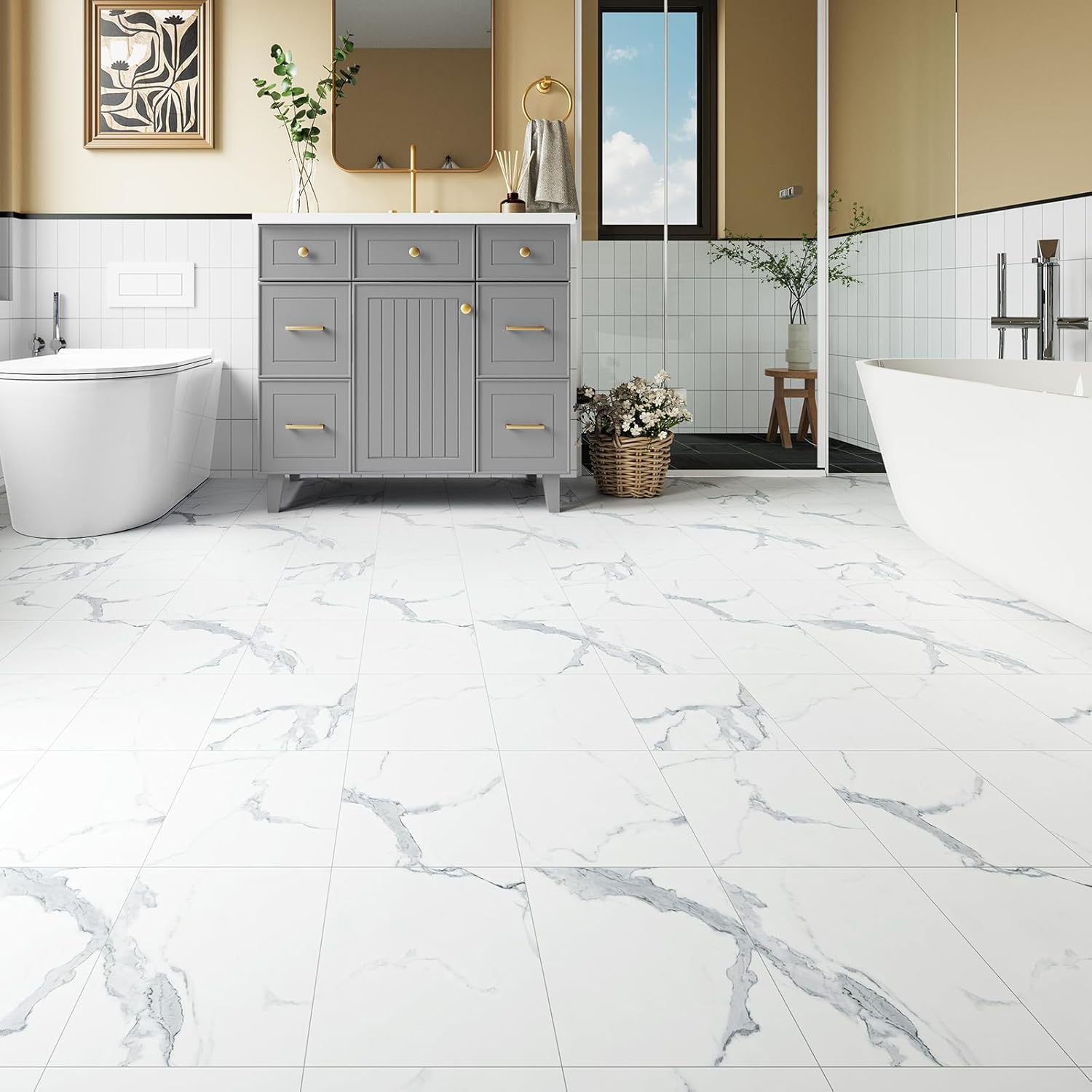ATOPOSE Vinyl Tiles Peel and Stick Floor 30-Pack 12 x 12 inch（Covers 30 Sq. Ft） — White Marble Vinyl Flooring, Self-Adhesive Waterproof and Easy DIY for Bathroom Kitchen Basement RV