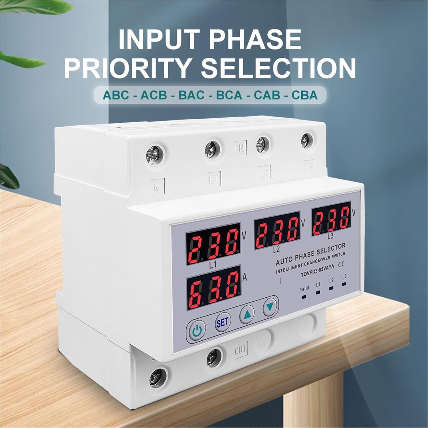 100A 63A 3 Phase 3P+N Din Rail Selector Adjustable Over and Under Voltage Current Protection Monitor Relays Protector 1Pcs(63A Phase selector)
