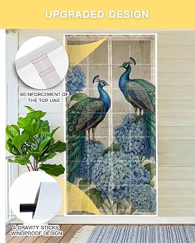 Farmhouse Vintage Peacock Magnetic Screen Door 38x83inch Door Curtain Light Filgtering Hands Free Mesh Curtain for Home Kitchen Yard Patio Sidelight Door - Watercolor Animals