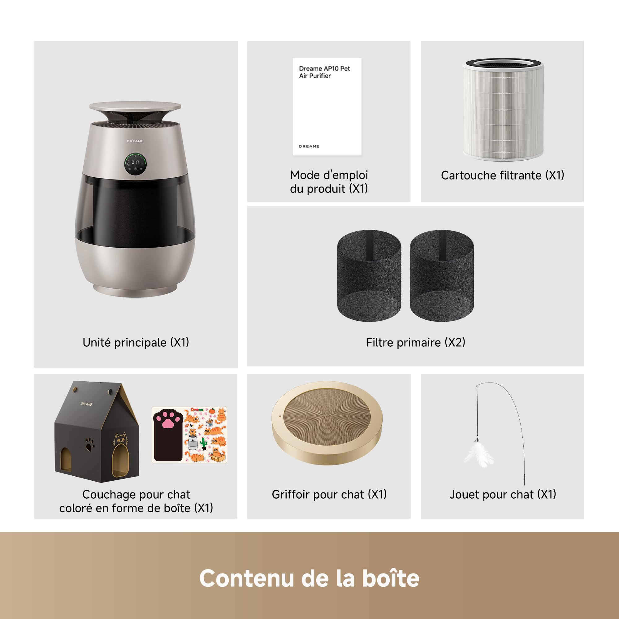 DREAME AP10 Purificateur d'Air pour Animaux, Retour d'Air Haute Pression Nég. 360°, Purification 5 Niveaux Capturant Poils/Odeurs, Compartiment Transp., Dessus Incurvé, Écl. Éco-Ambient, Contrôle App