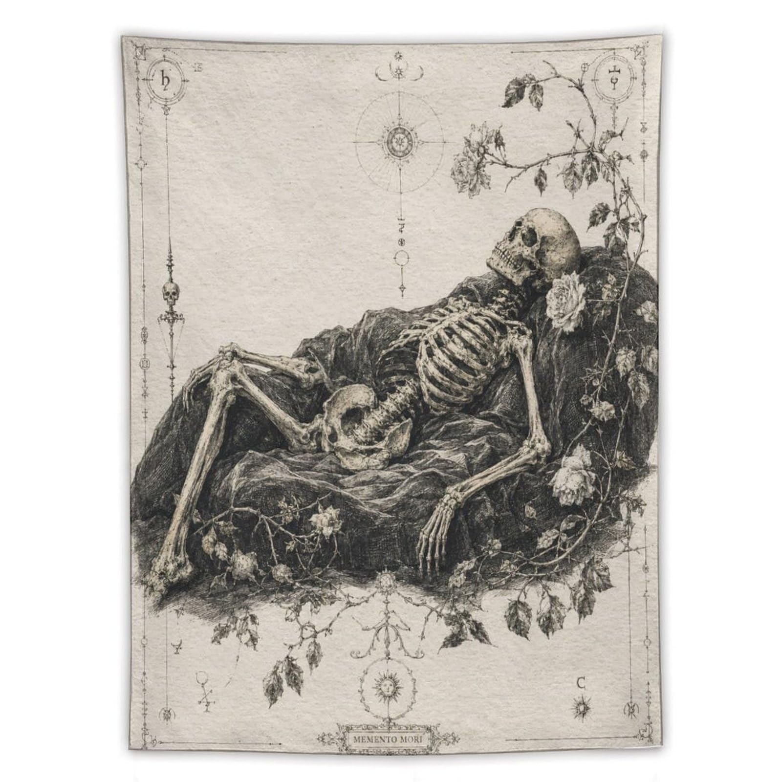 W7C8U2X3 Skeleton Reclining Ink Study Wall Tapestry, Gothic Oil, Dorm Room