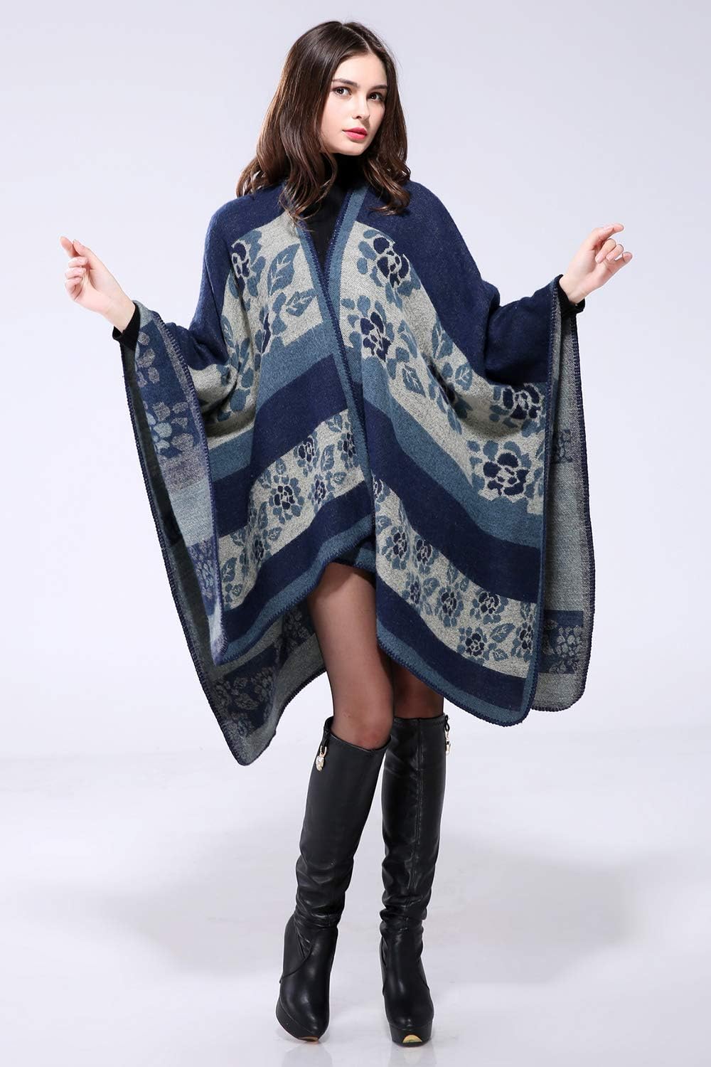 Lncropo Women's Shawls Wraps Winter Open Front Poncho Cape Oversized Cardigan Sweater - Image 3