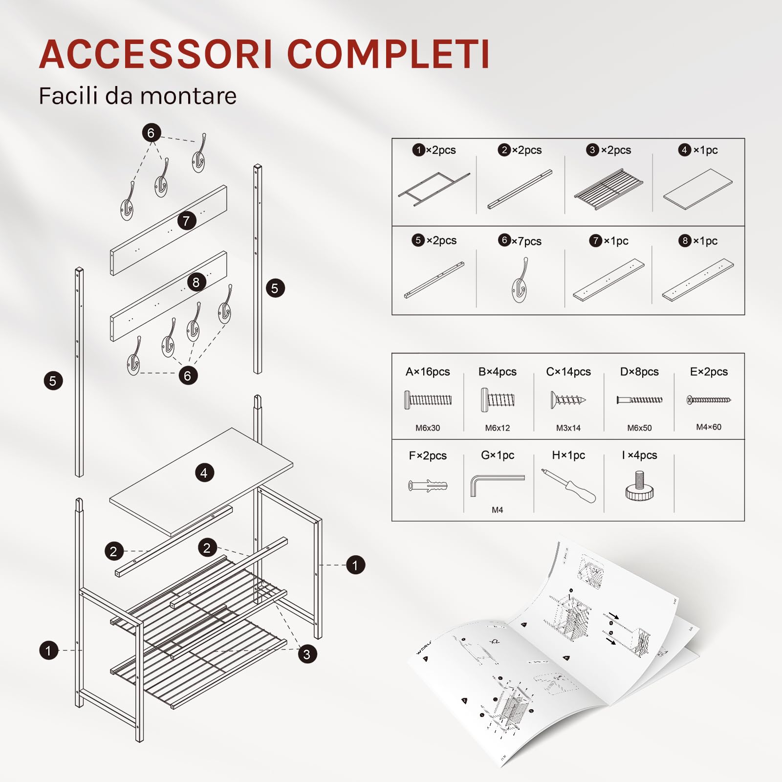 WOLTU Appendiabiti Panca Porta Scarpe 3 in 1, Scaffale per Scarpe a 2 Livelli con Sedile e 7 Ganci, per Corridoio/Ingresso, Metallo + Legno Ingegnerizzato, Bianco + Rovere Chiaro, 60x31,5x170cm