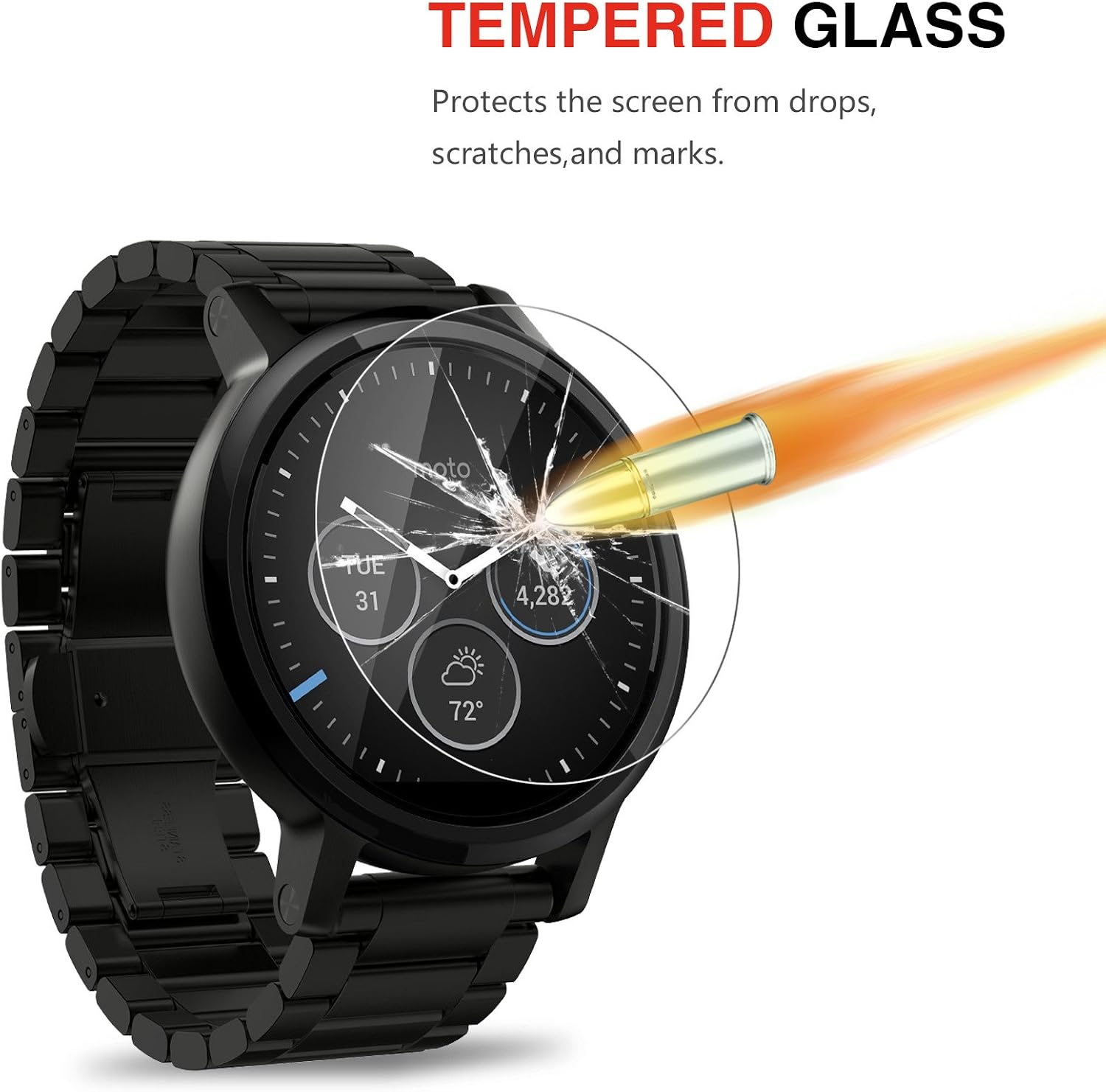 (Pack of 4) Tempered Glass Screen Protector for Moto 360 1st and 2nd Gen 46mm Smart Watch, Akwox [0.3mm 2.5D 9H] Premium Clear Screen Protective Film for Motorola Moto 360 46mm