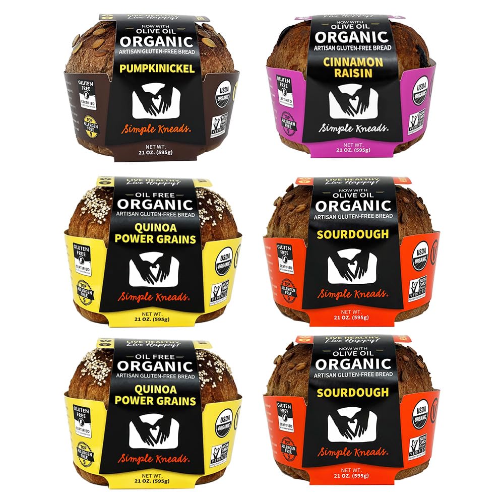 Simple Kneads Gluten-Free Variety Pack 6 Pack – Includes Sourdough, Quinoa Power Grains, Cinnamon Raisin, and Pumpkinickel – Organic, Top 9 Allergen-Free, Artisan-Style Loaves-Extra Virgin Olive Oil