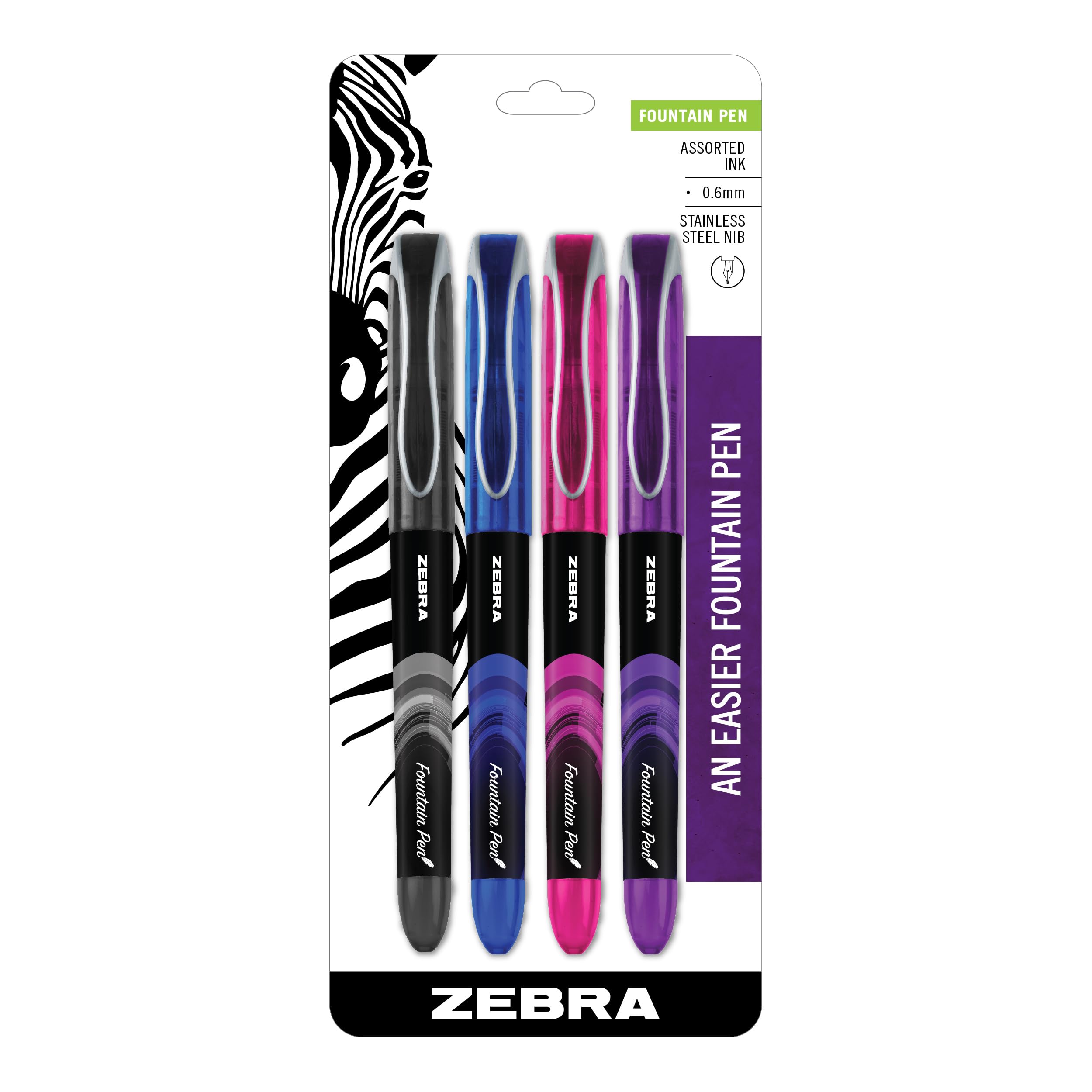 Zebra Pen, Fountain Pen, 0.6mm Fine Point, Stainless Steel Nib, Preloaded Assorted Ink, Smooth Ink Flow, Colorful Barrels, No Cartridge Needed, 4-Pack (48304)