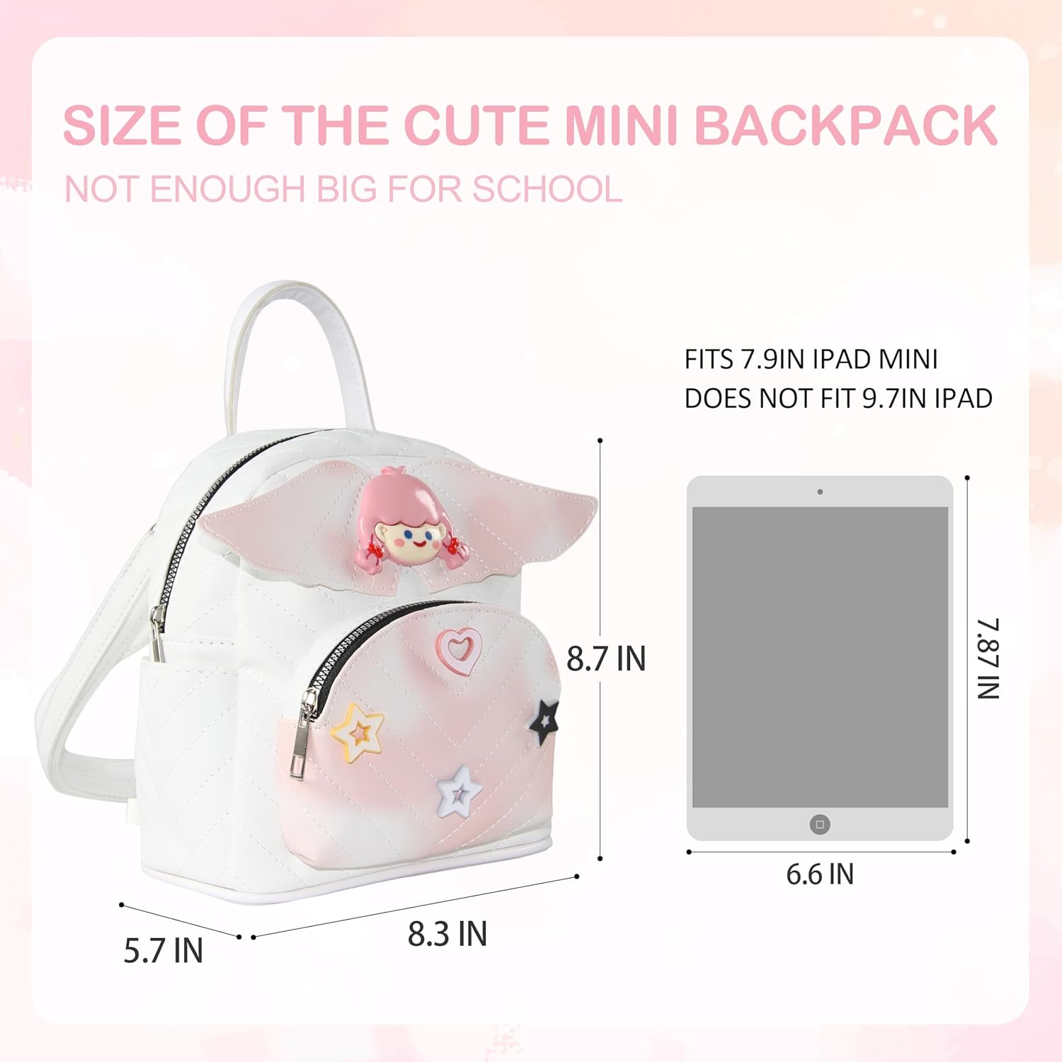 White Quilted Mini Backpack for Girls & Toddlers - Cute PU Leather Small Backpack Purse with 3D Wings, Lightweight Travel Daypack for Kids 3-8 Years - Image 2