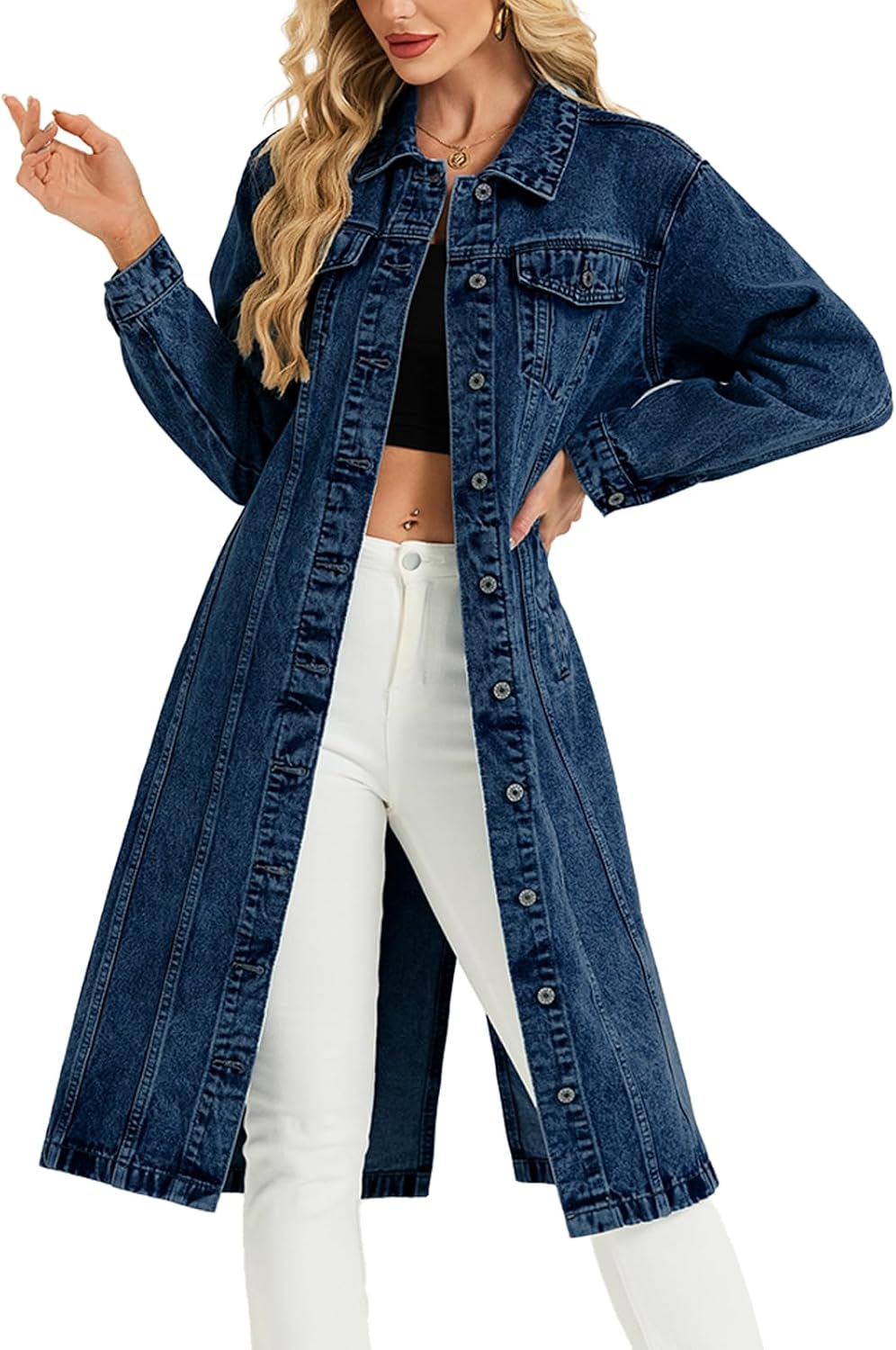 LifeShe Women Denim Jacket Button Down Maxi Long Jean Trench Coat With Pocket